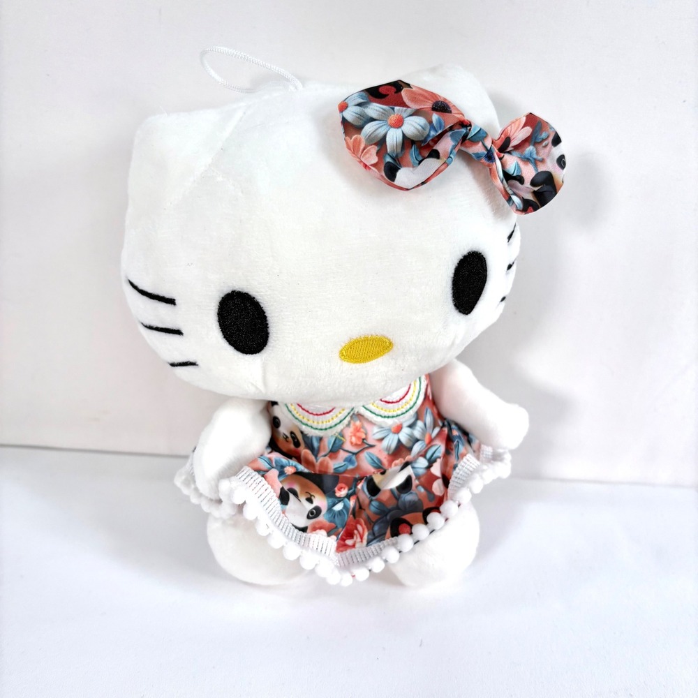 Sanrio Hello Kitty Plush White Floral Panda Dress Pom Pom Trim 8 Inch